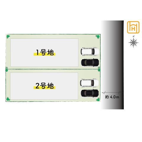 宝塚市高司3丁目新築一戸建て│4SLDK+並列駐車2台可の区画図|全2区画の分譲地。各区画に並列2台分の駐車スペースを確保しています。前面道路は幅員約4.0ｍです。