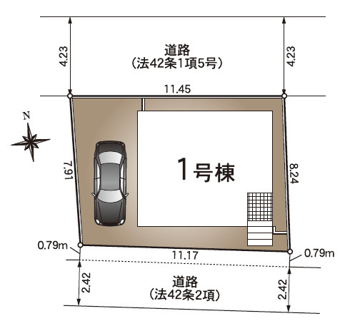 「水回りを集約したスムーズな家事動線」高知市赤石町第1　1号棟新築一戸建ての区画図|開放感あふれる2面道路に接道！お車の駐車もスムーズで、陽当り・通風ともに良好な敷地レイアウト。