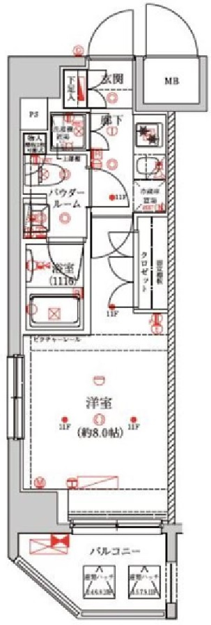 セジョリ蒲田Ⅱの間取り|南東角部屋2面採光1K洋室8帖バストイレ別独立洗面台