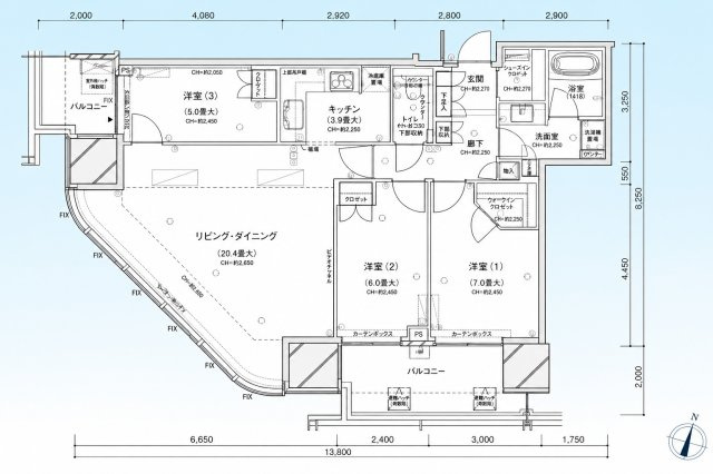 二子玉川ライズタワー＆レジデンスタワーウエストの間取り|専有面積92.04㎡のゆとりある3LDK角住戸。約20.4帖のLDに約3.9帖のキッチン、全居室5帖以上を確保。WIC・SICなど収納も豊富で、快適な暮らしを支える間取りです。