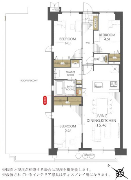 モア・クレスト大宮堀の内の間取り|【3LDK：70.80㎡バルコニー：11.12㎡ルーフバルコニー：56.84㎡】オートロック・食洗機付き。15帖超えのLDK・全居室収納付。4階部分の北西向きルーフバルコニーで視線も気になりにくい。