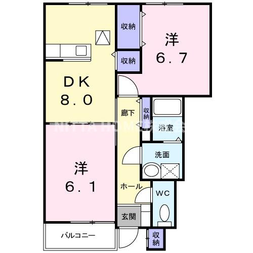 バスケ　ド　フルール　Aの間取り|独立した洋室が魅力的な2DK◆

