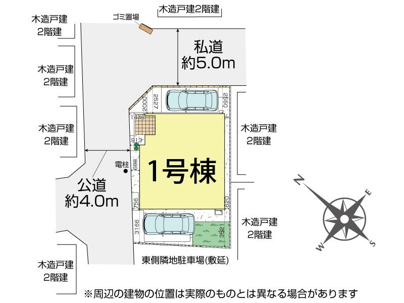 ふじみ野市上福岡４丁目の新築一戸建の区画図|お車は並列で２台駐車できますので、セカンドカーやお客さま用のお車も出し入れが楽々です。