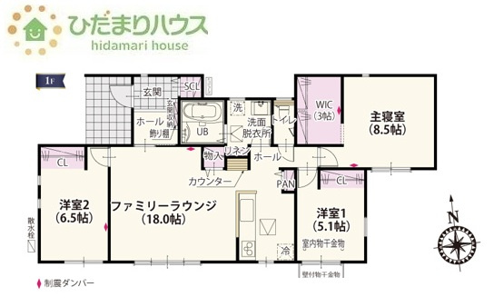 【間取り】 | つくば市上横場第1期　新築戸建　2号棟 | 18帖の広～いリビングは、ゆったりとした家族だんらんの時間を過ごせます(^^)/