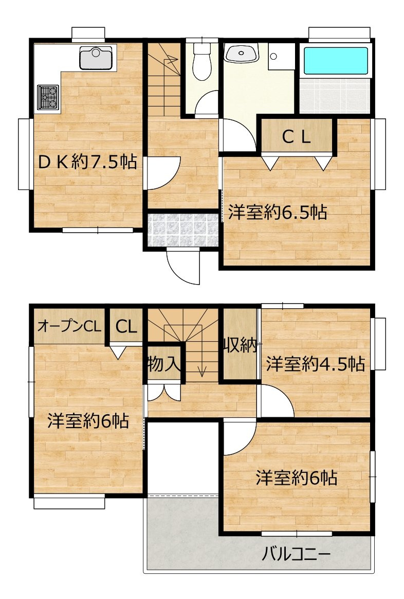 仲介手数料不要　カチタス合志市幾久富　駐車5台即入居可4DK【南ヶ丘小・合志中】の間取り|間取り図 4DK／全室洋室、浴室1坪