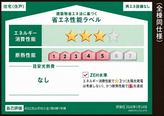 流山市向小金４丁目新築戸建【向小金小学校：9分】の省エネ性能ラベル|省エネ性能ラベル・ZEH水準