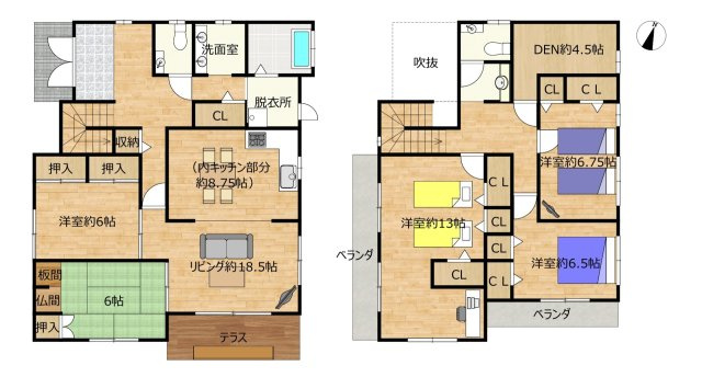 仲介手数料不要　カチタス大津町美咲野1丁目　建物60坪5SLDK角地【美咲野小・大津北中】の間取り|間取り図 5SLDK／全居室6帖以上、浴室1坪