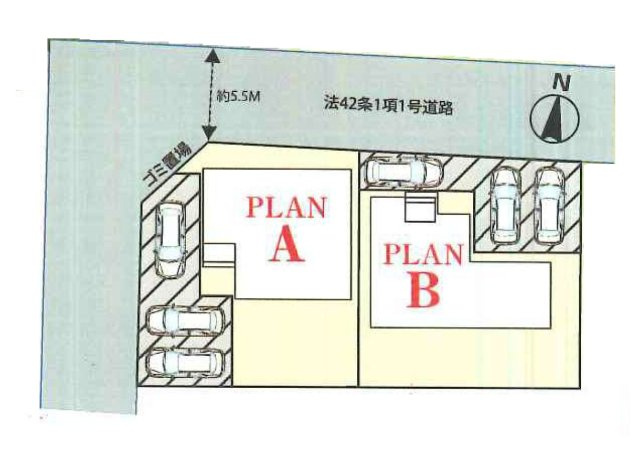 牛久市さくら台1丁目　新築戸建て　A号棟の区画図|敷地面積50坪超のゆとりある整形地風区画です。前面道路からスムーズに進入できる並列カースペースを確保しており、車の出し入れも快適で開放的な住戸配置となっています。