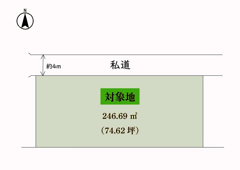 仲介手数料不要　アラセンハウス売地東区花立5丁目　約74.6坪【桜木東小・桜木中】の区画図|区画図：246.69㎡（74.62坪）、北側私道約4m