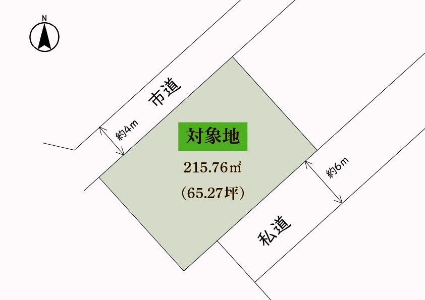 仲介手数料不要　アラセンハウス売地東区長嶺南1丁目　約65坪【月出小・西原中】の区画図|区画図：215.76㎡（65.27坪）、北西側市道・南東側私道（各約6m）