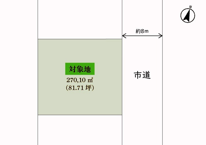 仲介手数料不要　アラセンハウス売地合志市幾久富　約81.7坪【南ヶ丘小・合志中】の区画図|区画図：270.10㎡（81.71坪）、東側市道約8m