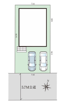 「欲しかった設備が標準装備」高知市高須東町1号棟　新築一戸建ての区画図|車2台を並列で駐車できる配置計画。前面道路との位置関係や、敷地内の建物配置をご確認いただけます。
