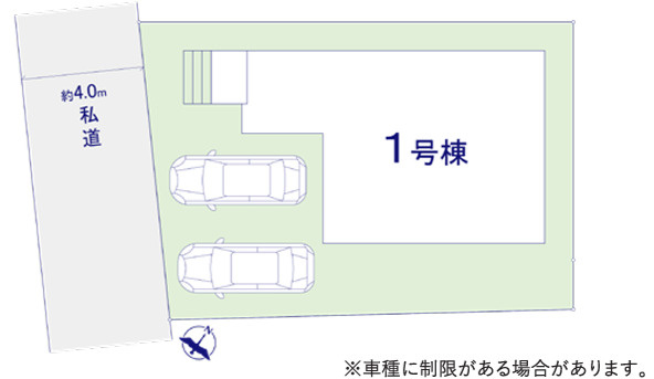取手市谷中5期　新築戸建て　1号棟の区画図|幅員約4.0mの私道に面した全1棟の整形区画です。建物の南西側にカースペースをしっかり確保しており、毎日の駐車がしやすく日当たりや通風も良好なプライベート性の高い配置です。