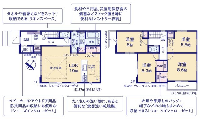 取手市谷中5期　新築戸建て　1号棟の間取り|折上天井付きの19帖LDKにSICやパントリーを完備。2階は主寝室8.6帖に加え、WIC2箇所や全室収納を備えたゆとりの4LDKです。