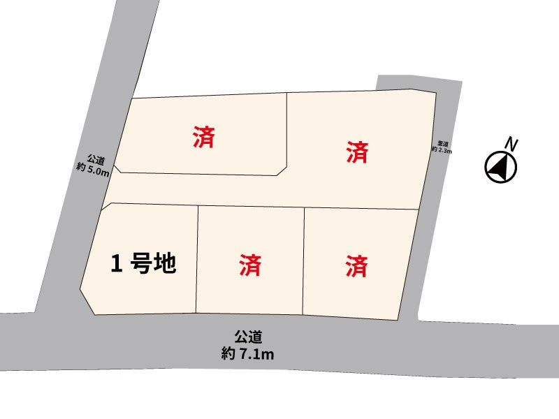 仲介手数料不要　i-passo北区明徳町1号地 平屋 和室付 土地60坪の区画図|区画図（全5区画の1号地）