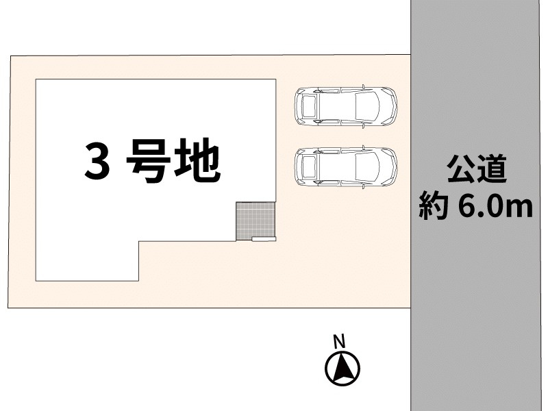 仲介手数料不要　i-passo合志市竹迫3期3号地 平屋 太陽光 和室付の区画図|配置図（前面道路 約6.0m・並列2台）
