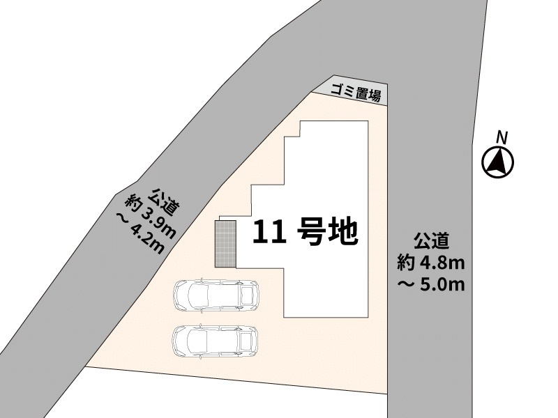 仲介手数料不要　i-passo菊池市泗水町田島11号地 太陽光 二方道路の区画図|配置図（二方道路・並列2台）