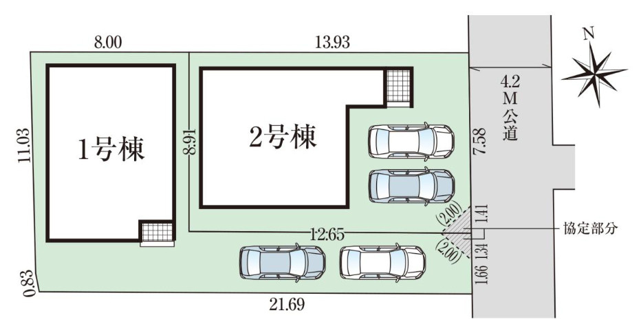 「利便性がよく暮らしやすいエリア」高知市弥生町2期1号棟　新築一戸建ての区画図|駐車場は2台分、縦列駐車の区画（1号地）です♪