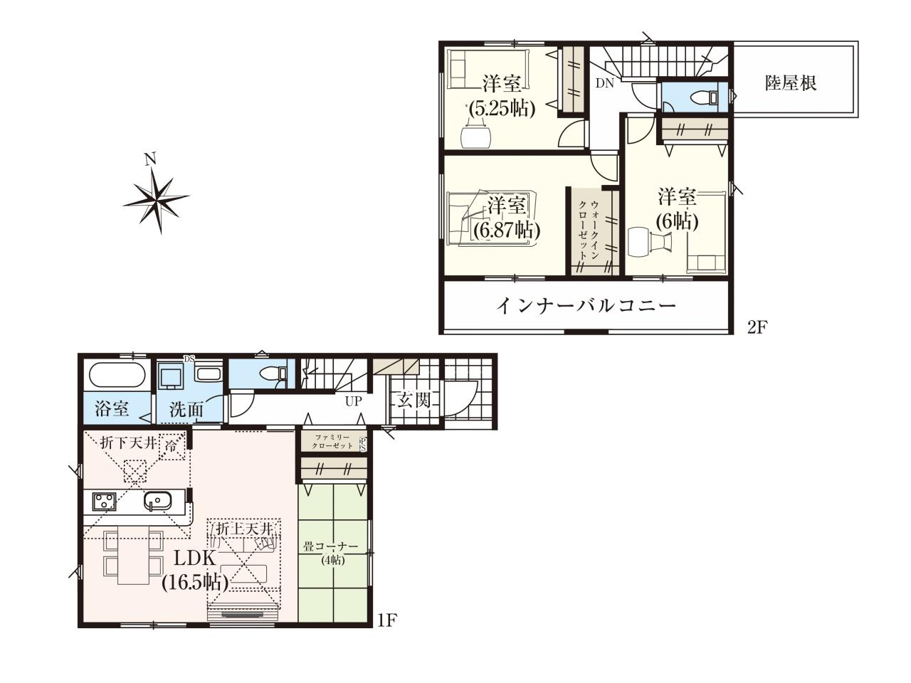 高知市弥生町 2期２棟-2号棟 新築戸建ての間取り|2号棟…20.5帖の大空間LDKを中心に、全居室収納やWIC、集中した水回りを配置した使い勝手の良い3LDK。家族みんながゆったりと過ごせる広さと、家事効率に配慮されたスマートなレイアウト。