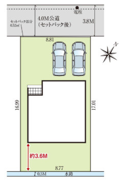 「快適間取り×好立地」高知市愛宕町4丁目　新築一戸建ての区画図|お車出し入れスムーズな並列駐車2台可能◎建物南側には約3.6mのゆとりあるスペースも確保！
