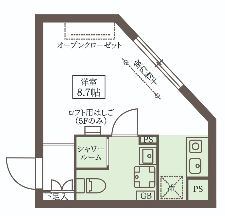 COCOCUBE武蔵新田の間取り|北東向き角部屋の1R