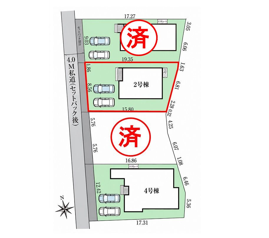 郡山市開成６丁目　　　２号棟　　　開成小学校、郡山第１中学区の区画図