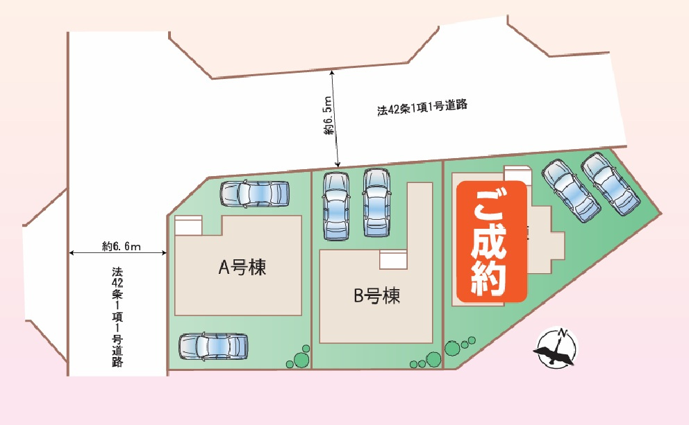 「魚住駅徒歩12分」「車2台駐車可」魚住町西岡2368　全2棟A号棟の区画図