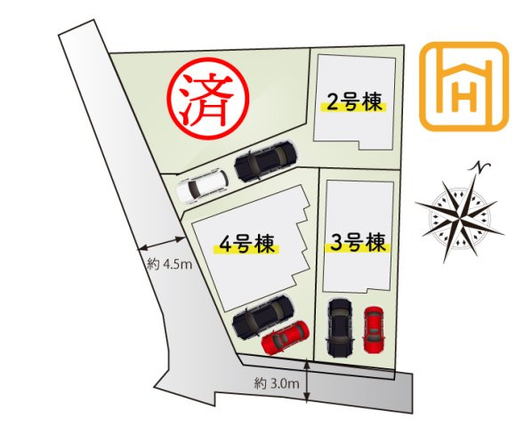 ブルーミングガーデン吹田市原町1丁目新築一戸建て｜4LDK＋駐車2台可の区画図|全4区画の分譲地です。