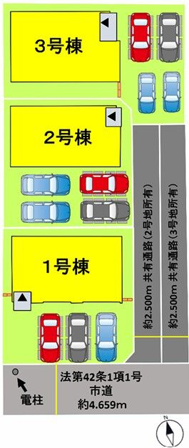 熊本市中央区島崎1丁目1期　1号棟の区画図|普通車が3台駐車することが可能です