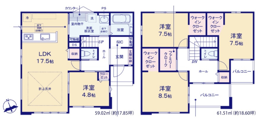 水戸市見川24期　新築戸建　1号棟の間取り|約17.5帖のLDKは折り上げ天井で開放的な空間に。2階には約8.5帖の主寝室と3つの洋室を配置し、ファミリークローゼットやWIC2か所など収納も充実しています。