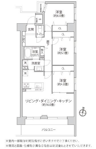 サンヴェール湘南平塚の間取り|南向き　３LDK