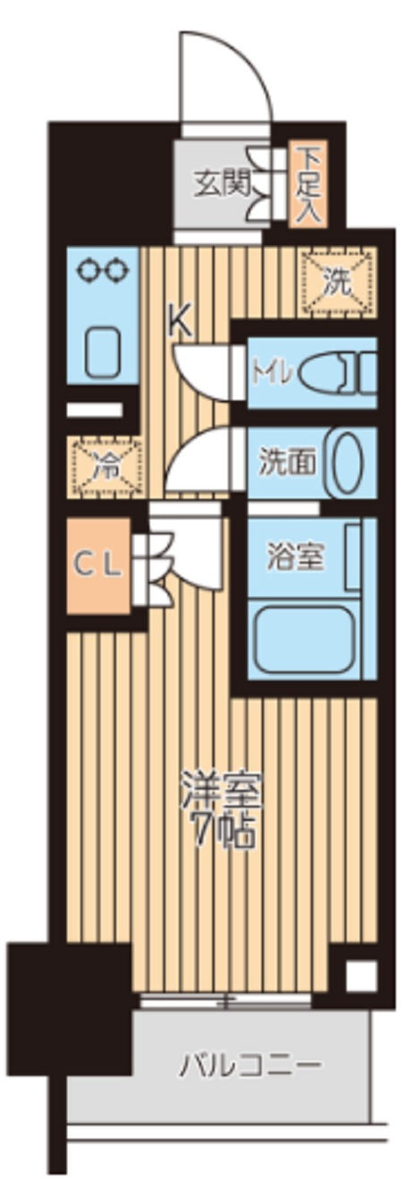 クロスレジデンス蒲田Ⅱの間取り|西向きバルコニーの1K洋室7帖バストイレ別独立洗面台！