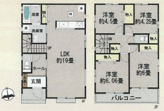 【間取り】 | 南区磯部  B号棟 | 4LDK　1階掃き出し窓シャッター付　二部屋から行き来できる南向きバルコニー　LDK19帖