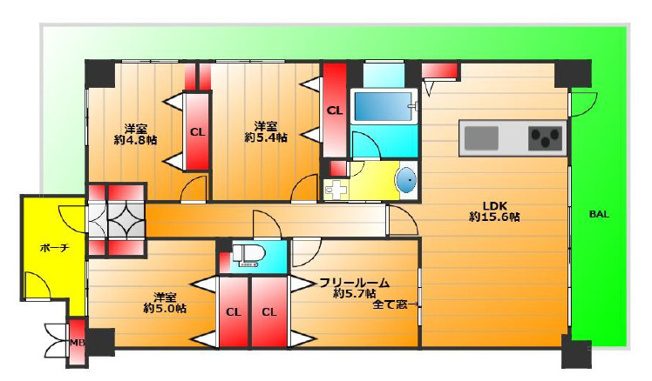 【間取り】 | フェルティ・パーク平野イーストアベニュー | 三方角住戸！専有面積84平米超えの4LDK！室内フルリノベーション後のお引渡し☆（2026年11月19日完了予定）引廻しの3面バルコニー＋玄関専用ポーチ付き☆南向きの明るいリビング＆ダイニング☆