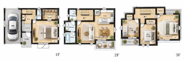 【間取り】 | 1階に9帖の納戸とWICを備えた収納充実の3階建て。2階には家族が集う12帖のLDと対面式キッチンを配置。3階には独立した3つの居室を設け、プライベートな時間も大切にできる間取りです。