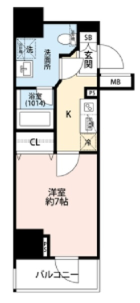 プレール・ドゥーク大森町の間取り|東向きバルコニーの1K洋室7帖バストイレ別独立洗面台！