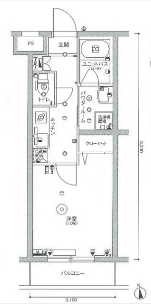 スカイコート多摩川壱番館の間取り|南向きバルコニーの1K洋室7帖バストイレ別独立洗面台