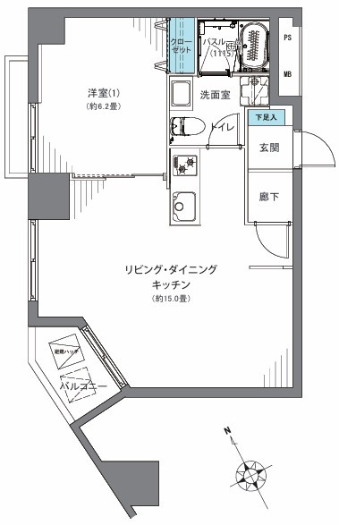 マージュ市谷柳町の間取り|マージュ市谷柳町：西向き角部屋につき陽当り・眺望良好！バス・トイレ別１ＬＤＫ家具エアコン付きリノベーション物件は全居室６．２帖以上の暮らしやすいお部屋です！フラット３５＆住宅ローン減税利用可能！