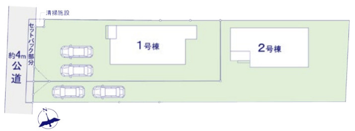 水戸市千波町9期　新築戸建て　1号棟の区画図|敷地面積約68.45坪のゆとりある区画です。敷地内には複数台分の駐車スペースを確保。北西側約4mの公道に接しており、ゆとりある敷地を活かした暮らしが叶います。