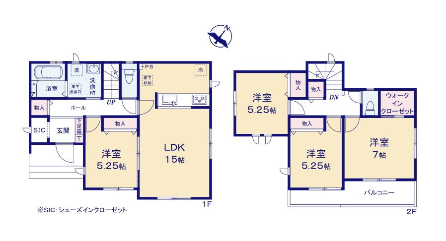 ハートフルタウン 　ひたちなか市田中後29番　Aの間取り|　
☆各部屋を最大限に広く使って頂けるよう、全居室に大容量の収納付き。玄関もスッキリ片付くSICも配備しました。2階は全居室二面窓で通風も良好です！