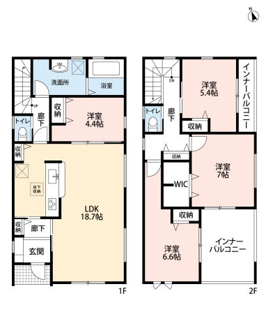 小牧市小牧原2丁目　新築戸建　4号棟の間取り|２部屋に面したワイドなインナーバルコニー♪
ウォークインクローゼットあり