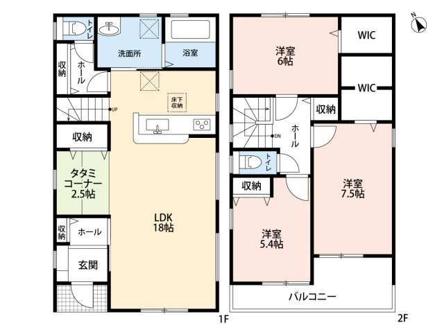 小牧市小牧原2丁目　新築戸建　5号棟の間取り|LDK18帖＋畳コーナー2.5帖でゆとりの空間。大型ウォークインクローゼットあり。