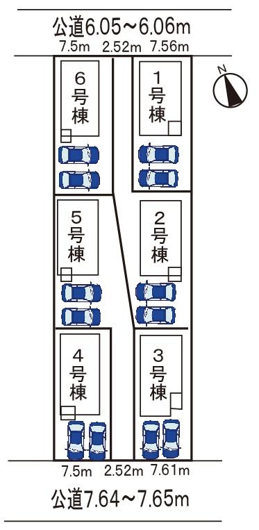 小牧市小牧原2丁目　新築戸建　5号棟の区画図|全6区画・駐車場並列２台可。