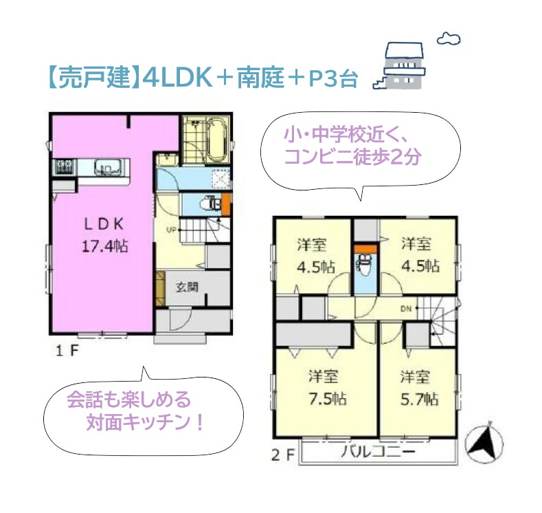 平塚市南金目　中古戸建　38.37坪の間取り|ライフステージの変化に柔軟に対応できる、4LDKの間取りプラン◎　
家族が集まる広々リビングには、充実設備のキッチンを配置！
カウンター付きで配膳＆後片付けもスムーズに行えますよ♪