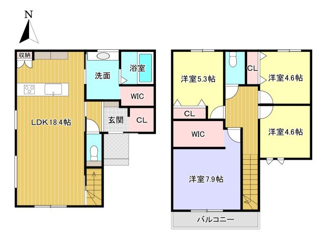 松原市阿保2丁目の間取り|4LDK＋WIC　土地面積：100.43㎡　建物面積：101.85㎡　駐車スペース2台