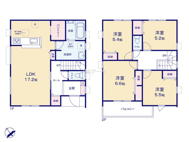 高浜市呉竹町四丁目11-1、2、10、11の一部他『仲介手数料無料』新築一戸建て・建売の間取り|　4号棟　1F:LDK17.2帖！パントリー♪ダイニング収納♪ゆとりの洗面室♪ホール収納♪2F:洋室6.6帖・洋室5.5帖・洋室5.4帖・洋室5.2帖　CL設置♪南面バルコニー♪