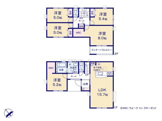 高浜市呉竹町四丁目11-1、2、10、11の一部他『仲介手数料無料』新築一戸建て・建売の間取り|　9号棟　1F:LDK15.7帖！洋室5.2帖　WIC設置！キッチン収納♪2F:主寝室8帖　WIC設置！洋室5.4帖・洋室5帖・洋室5帖　CL設置♪ホール収納♪南面バルコニー♪