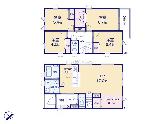 高浜市呉竹町四丁目11-1、2、10、11の一部他『仲介手数料無料』新築一戸建て・建売の間取り|　10号棟　1F:LDK17帖に隣接するフリースペース3帖　CL設置！ダイニング収納♪ホール収納♪2F:洋室6.7帖　WIC設置！洋室5.4帖・洋室5.4帖・洋室4.2帖　CL設置♪ホール収納♪