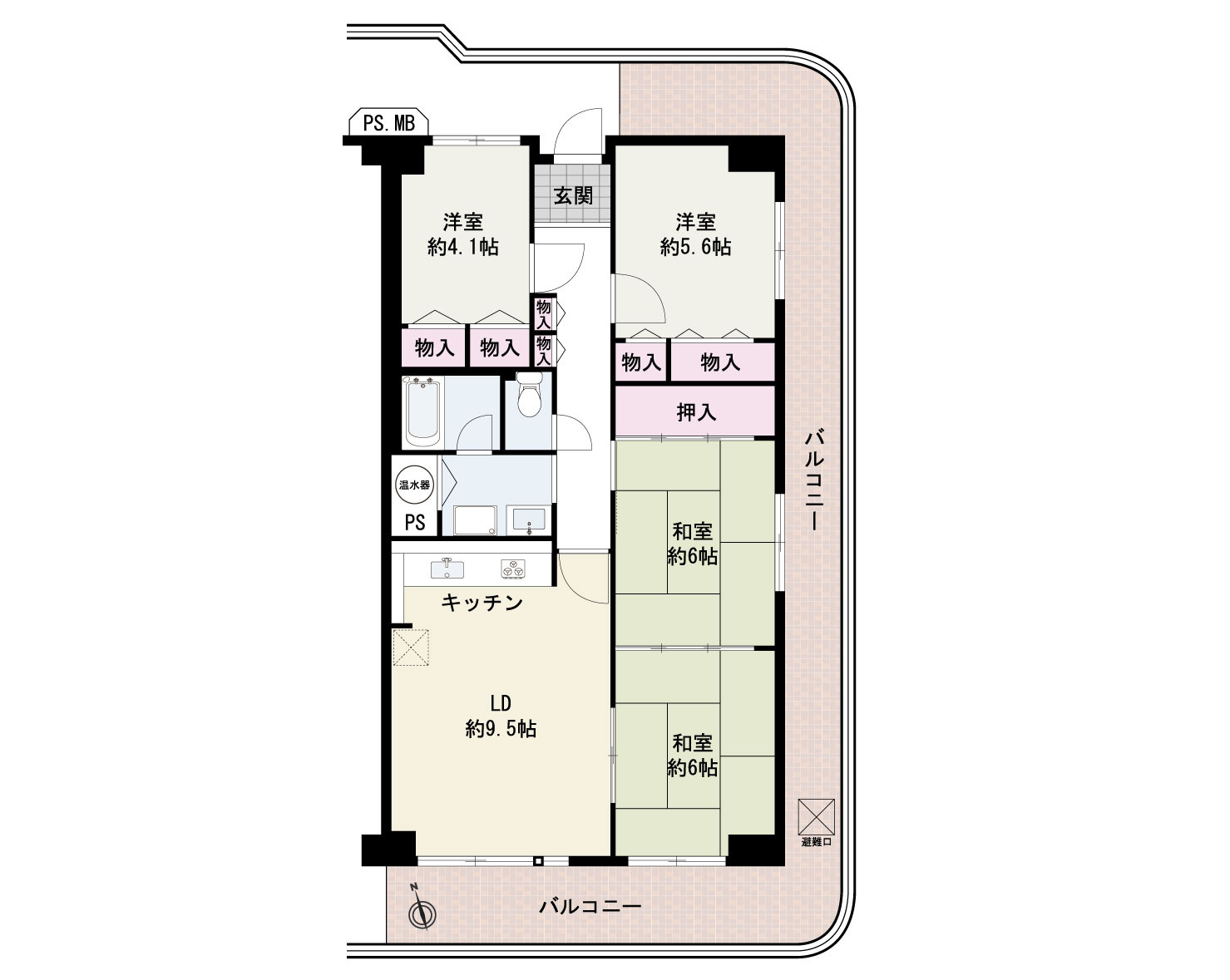 岸和田コーポラス弐号棟の間取り|価格830万円、４LDK、専有面積77.60㎡、バルコニー面積30.59㎡