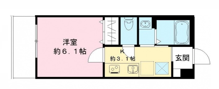Aoakuaアオアクアの間取り|西向きバルコニーの1K洋室6.1帖バストイレ別独立洗面台